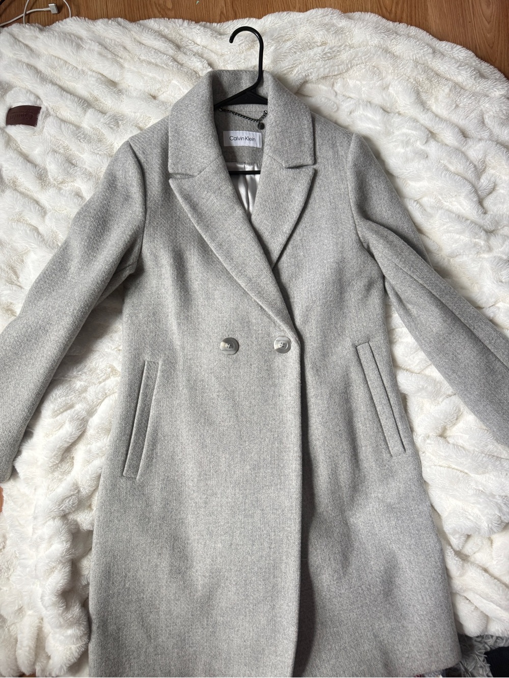 Calvin Klein Women's Light Gray Double-Breasted Wool Pea Coat